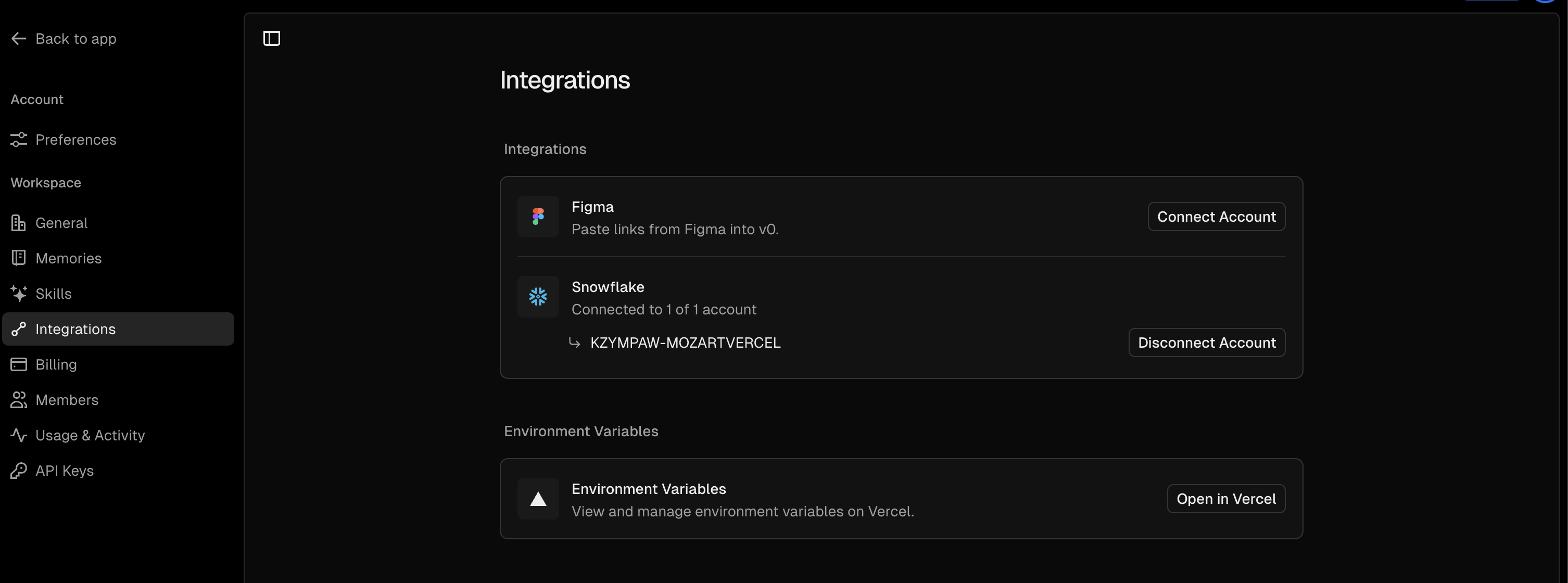 Snowflake integration connection option in v0